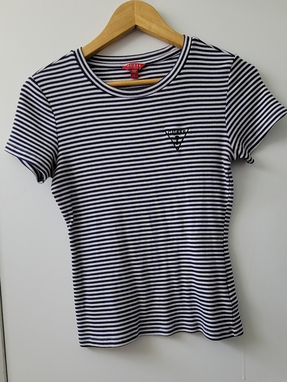 GUESS Navy and White Striped Short Sleeve Tee